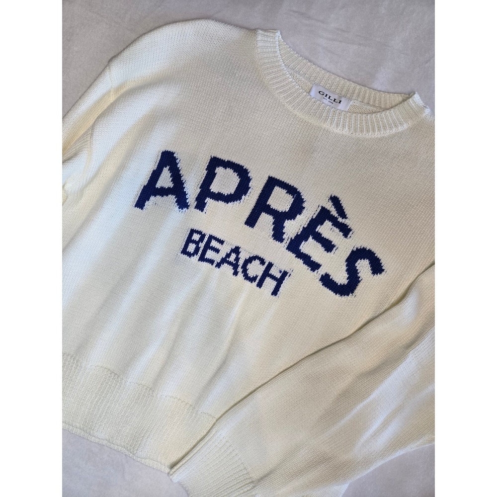 Gilli Womens Apres Beach Graphic Lightweight Sweater Ivory Navy Blue Knit Size S